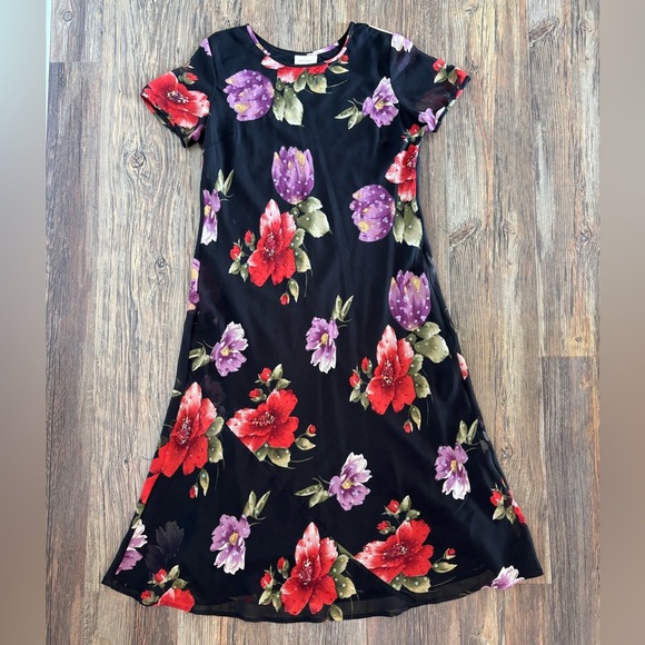 Mosaic S/S Dress Size 14 Black Purple Red Floral Sequins Sheer Overlay Long Maxi - Picture 1 of 14